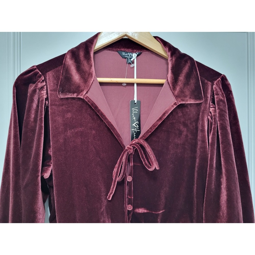 New Burgundy Velvet Whimsigoth Fairygrunge Button Tie Bow Peplum Top Sz L - Picture 3 of 8